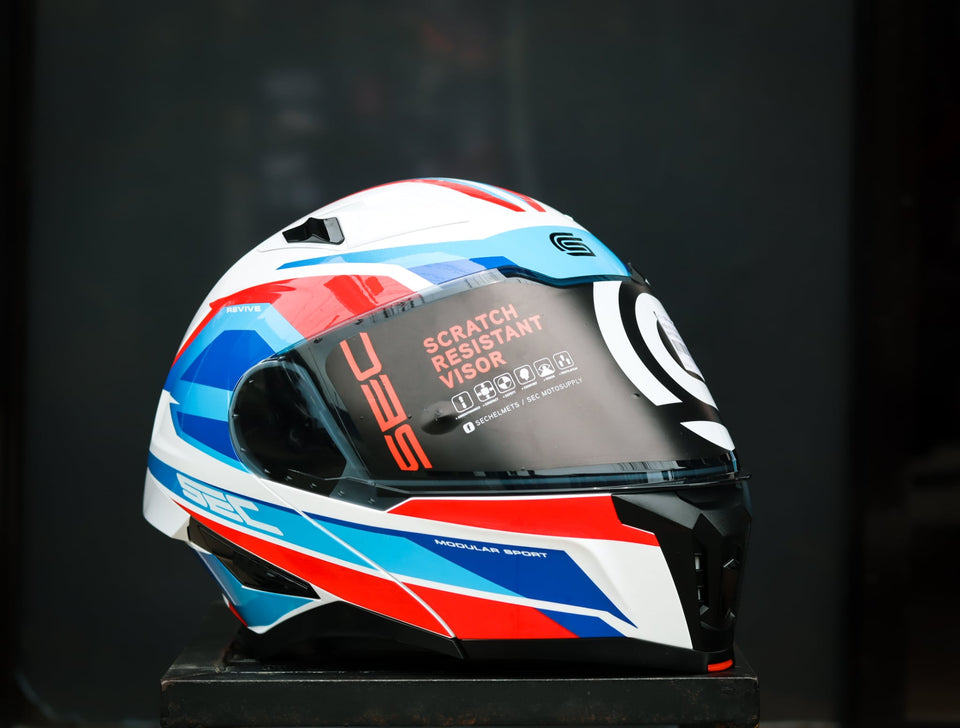 SEC 06655 REVIVE FURIA GLOSS WHITE/RED/BLUE MODULAR WITH FREE CLEAR LENS(DUAL VISOR)