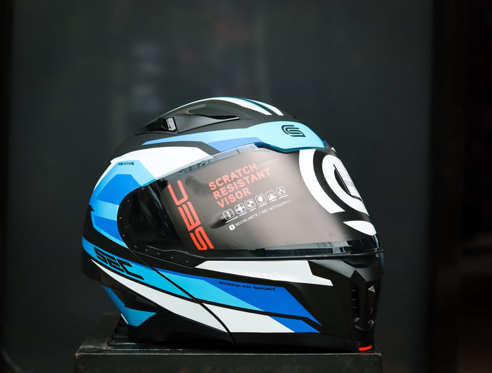 SEC 06654 REVIVE FURIA MATTE BLACK/WHITE/BLUE MODULAR WITH FREE CLEAR LENS(DUAL VISOR)
