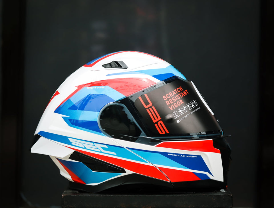SEC 06655 REVIVE FURIA GLOSS WHITE/RED/BLUE MODULAR WITH FREE CLEAR LENS(DUAL VISOR)