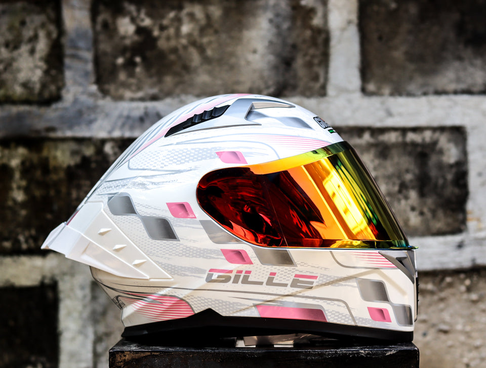 GILLE CIRCUIT RACER WHITE PINK SILVER (DUAL VISOR) WITH FREE CLEAR LENS