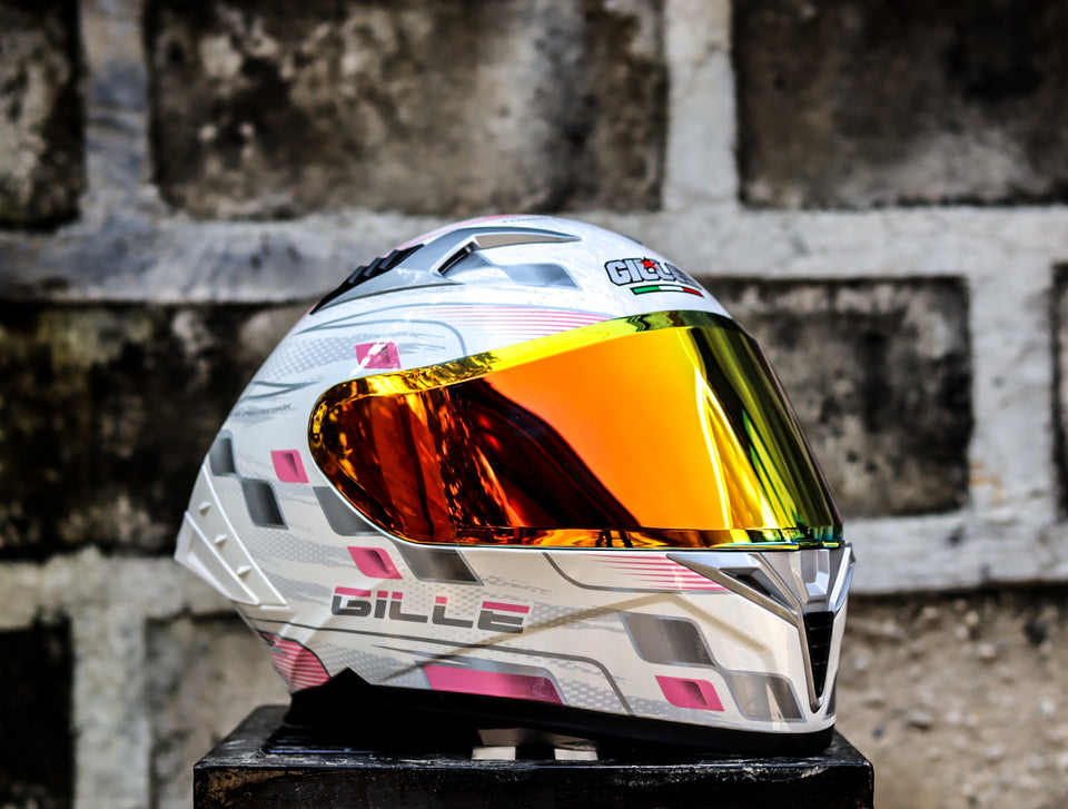 GILLE CIRCUIT RACER WHITE PINK SILVER (DUAL VISOR) WITH FREE CLEAR LENS