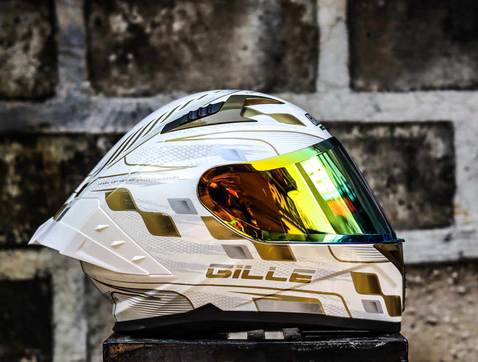 GILLE CIRCUIT RACER WHITE GOLDEN SILVER (DUAL VISOR) WITH FREE CLEAR LENS