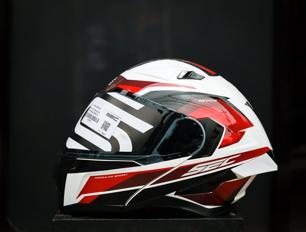 SEC 06653 REVIVE FURIA GLOSS BLACK/WHITE/RED MODULAR WITH FREE CLEAR LENS(DUAL VISOR)