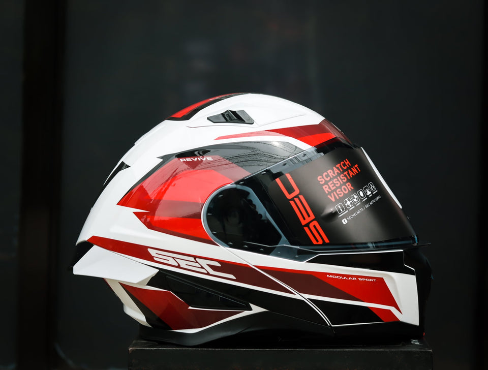 SEC 06653 REVIVE FURIA GLOSS BLACK/WHITE/RED MODULAR WITH FREE CLEAR LENS(DUAL VISOR)