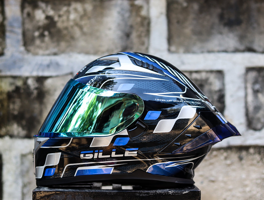 GILLE CIRCUIT RACER BLACK BLUE SILVER (DUAL VISOR) WITH FREE CLEAR LENS