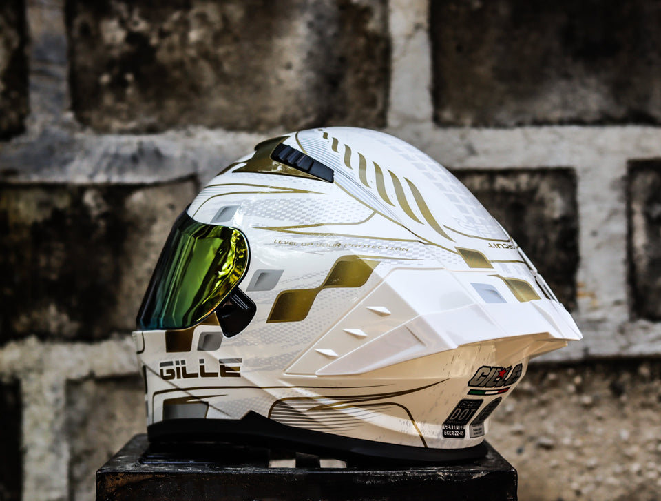 GILLE CIRCUIT RACER WHITE GOLDEN SILVER (DUAL VISOR) WITH FREE CLEAR LENS