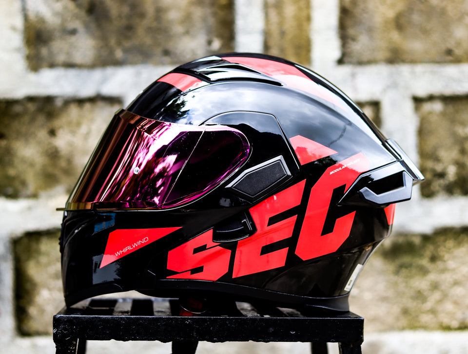 SEC WHIRLWIND V2 SOLID BLACK RED!!MODULAR WITH FREE CLEAR LENS (DUAL VISOR)