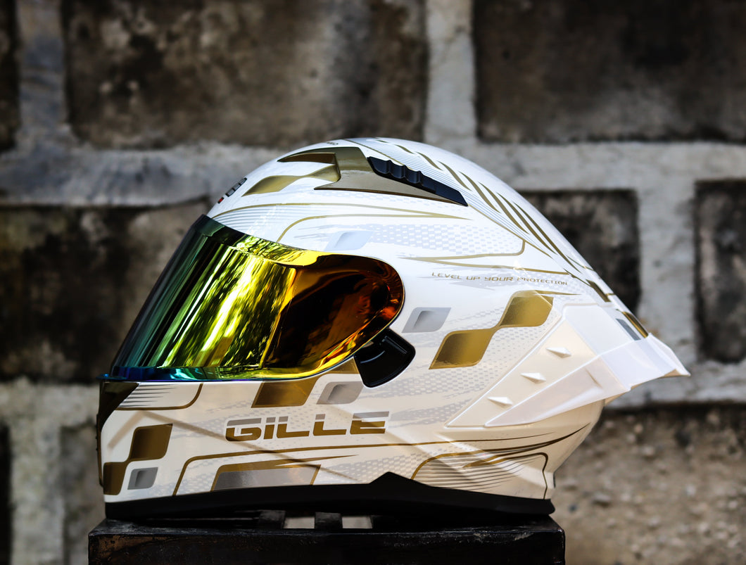 GILLE CIRCUIT RACER WHITE GOLDEN SILVER (DUAL VISOR) WITH FREE CLEAR LENS