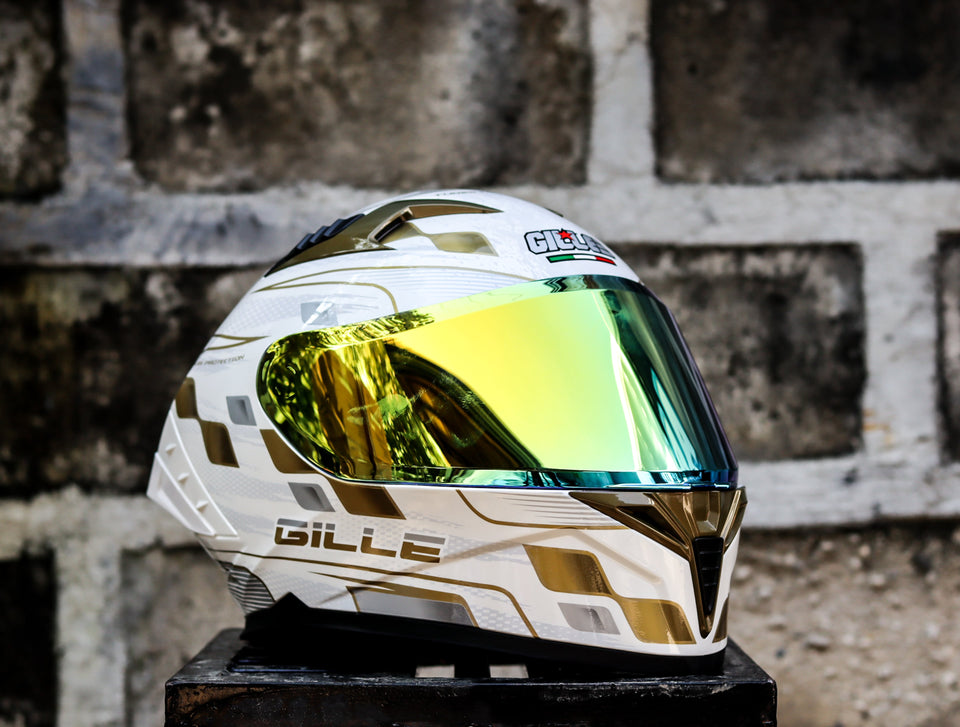 GILLE CIRCUIT RACER WHITE GOLDEN SILVER (DUAL VISOR) WITH FREE CLEAR LENS