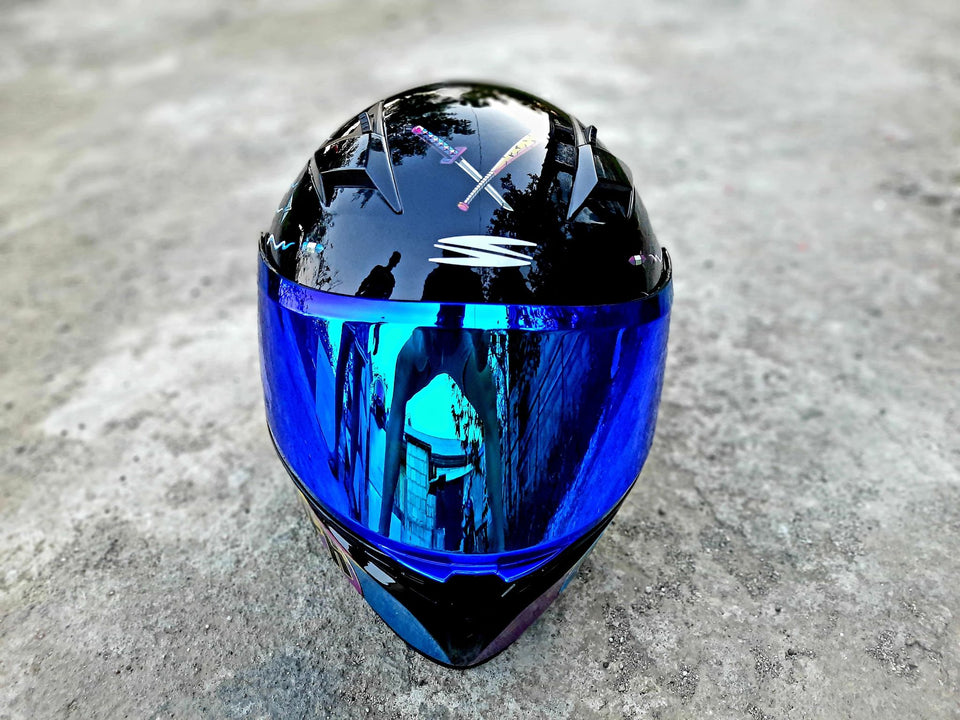 SPYDER PHOENIX+ 37N5_FB NEO SERIES ACE BLACK BLUE!! FLASH BLUE LENS INSTALLED WITH FREE CLEAR LENS, FREE STICKER AND INSTALLED SPOILER (SINGLE VISOR)