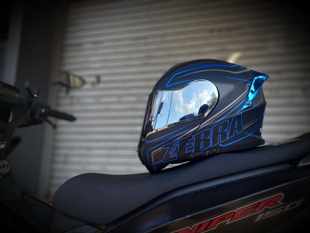 ZEBRA 869 KINETIC MATTE BLACK BLUE WITH BUILT IN SPOILER!! FREE CLEAR LEN (DUAL VISOR)