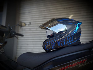 ZEBRA 869 KINETIC MATTE BLACK BLUE WITH BUILT IN SPOILER!! FREE CLEAR LEN (DUAL VISOR)