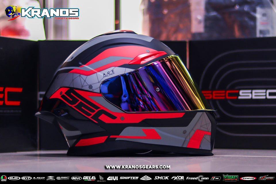 SEC ACE GUARDIAN BLACK RED GREY INSTALL RAINBOW VISOR WITH FREE CLEAR LENS (DUAL VISOR)